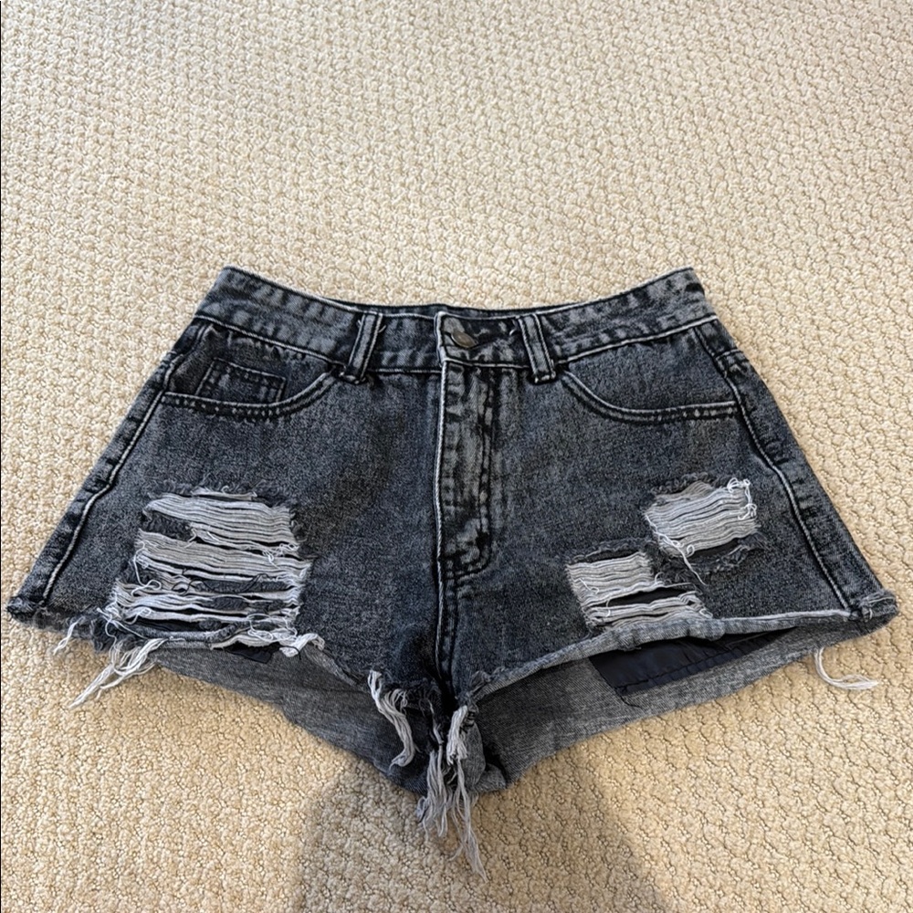 SHEIN Black Distressed Jean Shorts High-Waisted